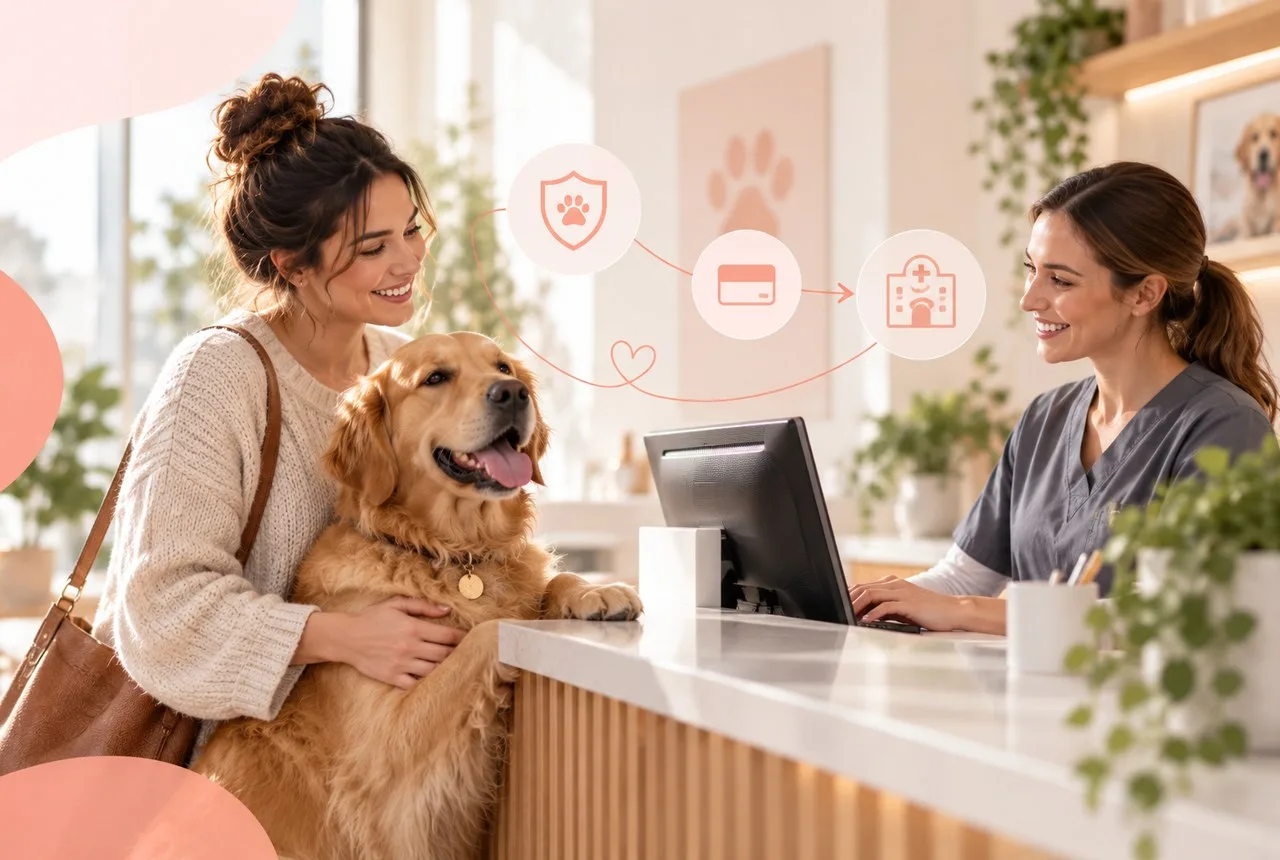Owner and golden-colored dog at a veterinary reception counter, with coral graphics