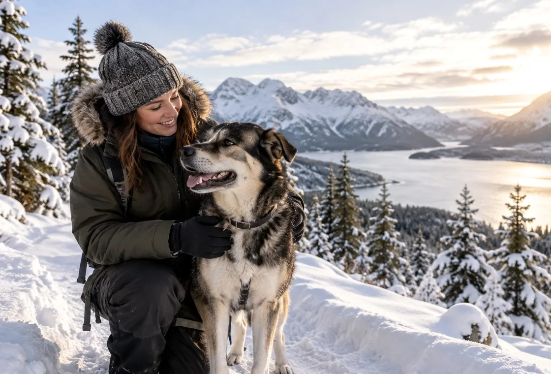 Woman with thick-coated black-and-white dog outdoors in snowy mountain landscape
